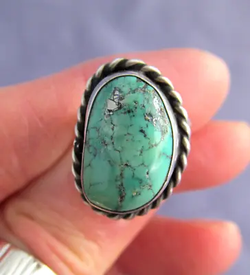 Vintage Old Pawn Sterling Long Blue Green Morenci Turquoise Rail Ring Size 4 • $59.99