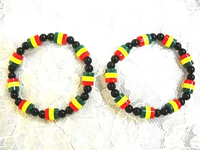$7.99 • Buy Set Of 2 Rasta Red Yellow Green Acrylic Tube Beads On Stretch Elastic Bracelets