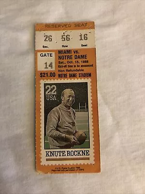 $250 • Buy 1988 Miami Vs Notre Dame  Catholics Vs Convicts  Ticket Stub