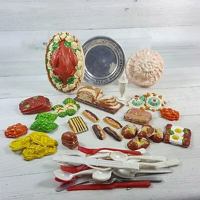 Vintage Celluloid Plastic Play Food 52pcs & Kids Pretend Cutlery Dishes 12pcs • $49.99