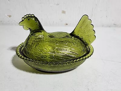 Vintage Indiana Glass Hen On Nest Covered Candy Dish Olive Green Farmhouse Decor • $16.50