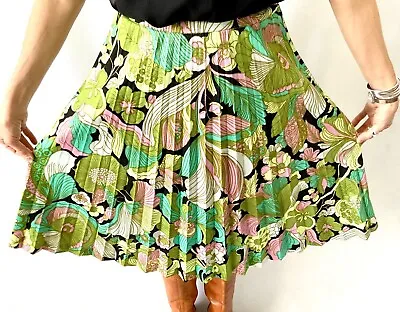 £7 • Buy Vintage Psychedelic Pleated Skirt 1970s 1960s 70s 60s 8 10 Pink Green Black VGC