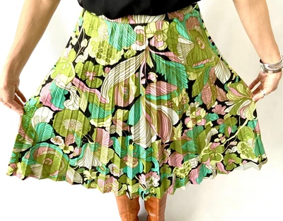 £7 • Buy Vintage Psychedelic Pleated Skirt 1970s 1960s 70s 60s 8 10 Pink Green Black VGC