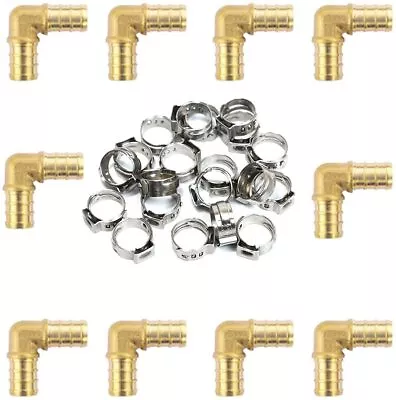 10x 1/2  Inch PEX Fitting 90 Degree Elbow Brass Lead Free+ 20x Cinch Pinch Clamp • $20.99