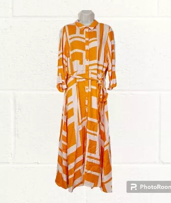 F&F Orange Geo Print Midi Shirt Dress Size 18 BNWT Summer *** Belt Missing *** • £12.99