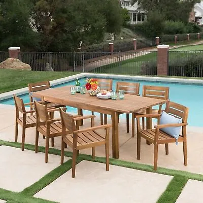 Sakura Outdoor 9 Piece Acacia Wood Dining Set With Expandable Dining Table • $1323.35