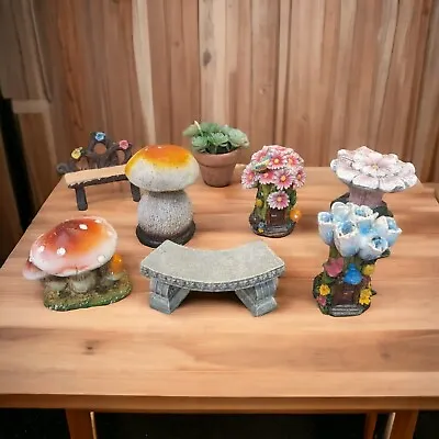 Fairy Garden Miniatures Lot Houses Mushrooms Benches Flowers Set Of 8 • $16.99