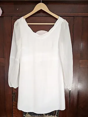 $6.50 • Buy FINDERS KEEPERS Off White Low Back Scallop Mini Lined Dress Sheer Sleeve Size XS