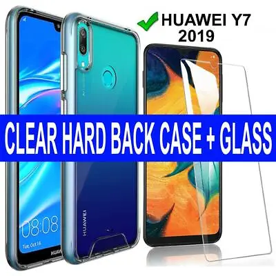 For Huawei Y7 2019 Clear PC Hard Back Shockproof Phone Case Cover + Screen Glass • £4.45