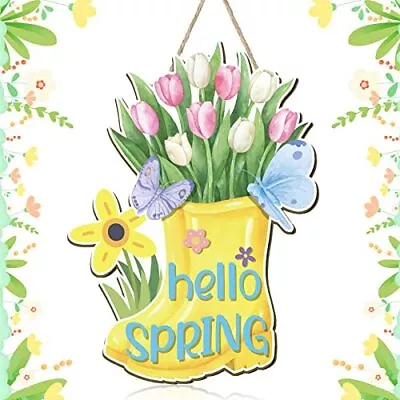  Hello Spring Door Sign Colorful Tulip Flowers Spring Decor Sign Hanging Boots • $16.24
