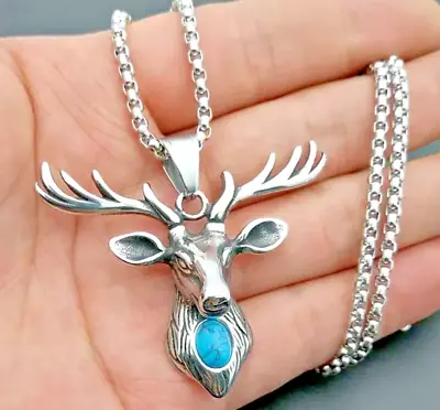 Elk Horn Antler Deer Head Turquoise Gem Silver Pendant Necklace Jewelry • $7.98