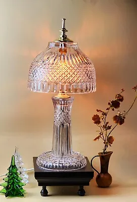 MCM Boudoir Solid Crystal Faceted Dimond Cut Table Lamp & Crystal Shade 18  H • $110.75