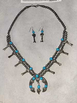 Vintage RONNIE HUrley NAVAJO Sterling  Turquoise Squash Blossom Necklace Signed • $155.50