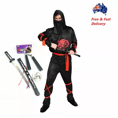 Adult Ninja Warrior Costume Black Mens Teens Sword Set Fancy Dress Up Halloween • $290.99