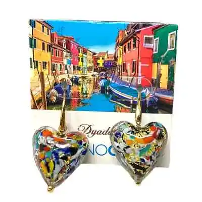 Murano Glass Earrings Heart Shape Multi Colors W/ Foil Made In ITALY • $86.90