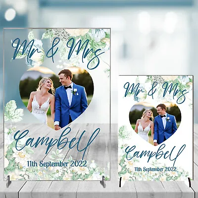 Personalised Wedding Gift Mr & Mrs Photo Acrylic MDF Anniversary Plaque On Stand • £22.99