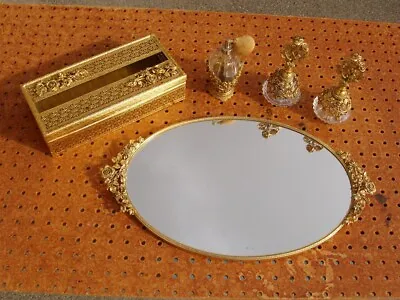 Vintage Matson Gold Roses Vanity Set Tray Kleenex Box Cover 3 Perfume Bottles • $299.99