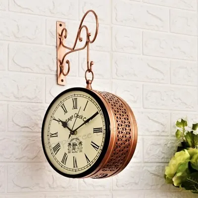 Vintage Clock Handcrafted Iron Copper Finish Double Side Roman Numbers Clock • $91.71