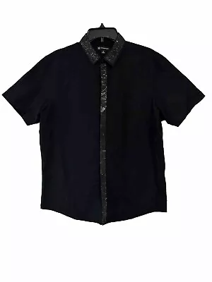 INC International Concepts Mens M Black Sequin Trim Short Sleeve Button Up Shirt • $8