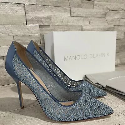 NEW Manolo Blahnik Size 39.5 EU BB Cobalt Blue Lace Macrame Stiletto Pumps Heels • $685