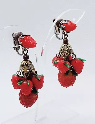 Vintage Red Strawberry Art Glass Bead Clip On Dangle Earrings • $24.99