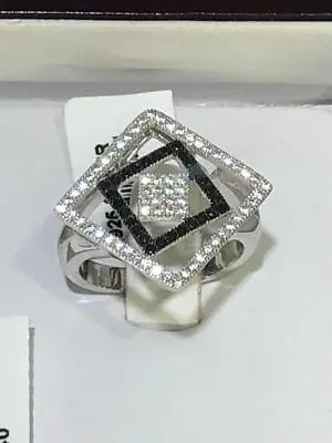 Platinum Sterling Silver Pave Black & White Micro Pave Diamond Shape Ring Size 7 • $86