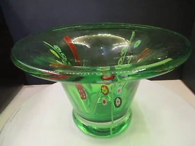 Green Art Glass Bowl/vase With Millefiore Flowers Beautiful Bowl With No Damage  • $40