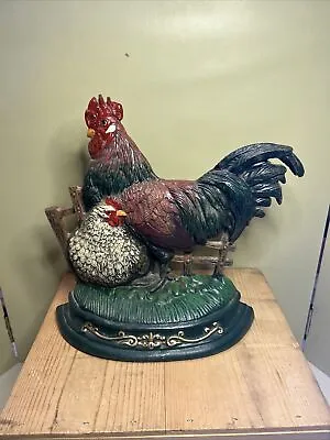 Cast Iron Rooster And Hen Door Stop Vintage Hand Painted Farm  12 1/2  • $59.99