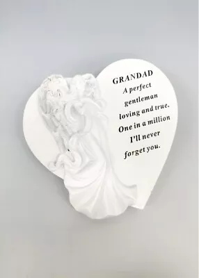 Grandad White & Silver Angel Heart Stone Plaque - Graveside Memorial Ornament • £8.75