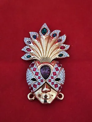 Large Swarovski Mardi Gras Face Mask Headdress Gold Tone Crystal Brooch 8cm • £175