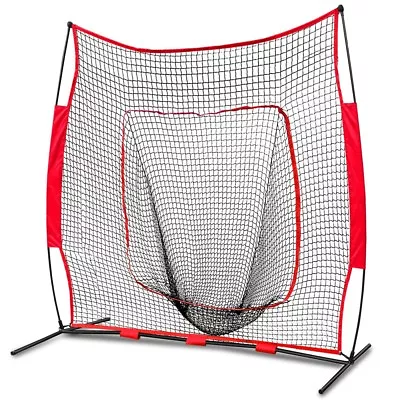 Baseball Softball Practice Hitting Net Bow Frame W/Red Bag & Ball Caddy 7'×7'  • $45.59