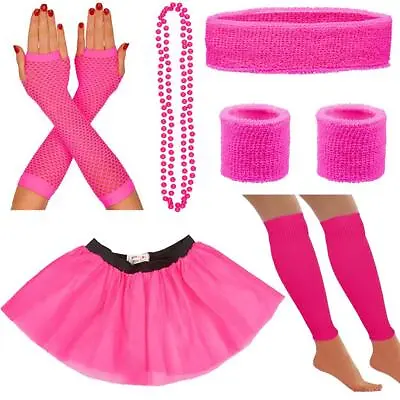 Neon Pink Tutu Legwarmers Gloves Beads Sweatbands 80s Uv Fancy Dress Hen Party • £6.29