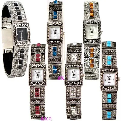 Genuine Marcasite & Semi Precious Gems Crystal Deco Vintage Style Bracelet Watch • $106.69
