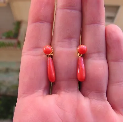 ANTIQUE VICTORIAN FRENCH SILVER GOLD  RED CORAL 8mm  1 FINE EARRINGS HEART  DROP • $101.99