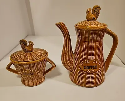 Vtg Basket Weave Chicken Rooster Coffee Pot & Sugar Bowl Farmhouse • $19.99