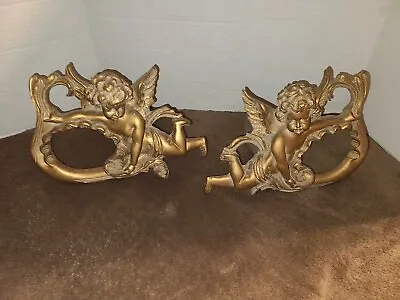 Vintage Pair Gold Painted Drapery/Curtain Angel Cherubs Wooden/Resin Rod Holders • $22.75