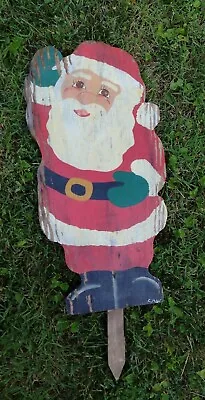 VINTAGE MCM Folk Art Wood Santa LAWN YARD ORNAMENT 21.5  Weathered Paint • $24.50
