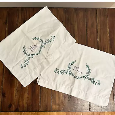 Vintage Handmade Embroidered Mr. & Mrs. Matching White Cotton Pillowcases • £23.13