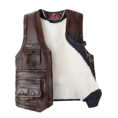 Real Cowhide Leather + Sheepskin Fur Multi-pocket Vest Men's Coat Winter Outwear • $113.99