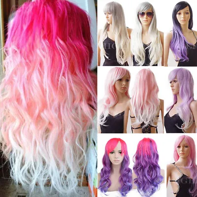 Cosplay Women Pink Blue Gradient Curly Wig Hairpiece  Lolita Curly Wavy Long Wig • $23.06
