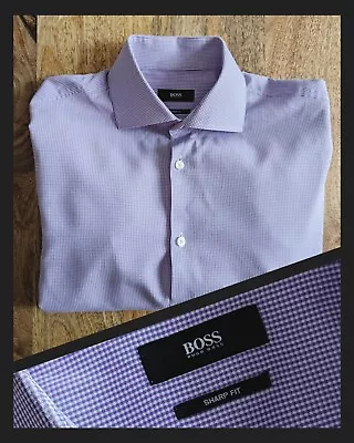 👔 HUGO BOSS Medium 15.5 -32/33 Purple Check Sharp Fit • $21.99