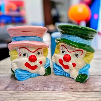 1980s Ceramic Clown Planters Vintage My-Neil Pink Green Clowns 80s Clown Decor • $35