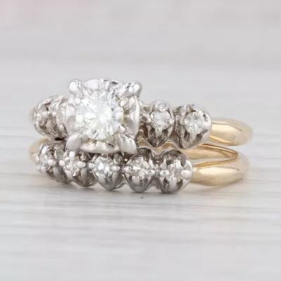 Vintage 0.52ctw Round Diamond Engagement Ring Wedding Band Set 14k Gold Size 6 • $859.99