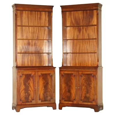 Exquisite Pair Of Flamed Mahogany Library Bookcases Slip Drinks Serving Shelves • $4665.94