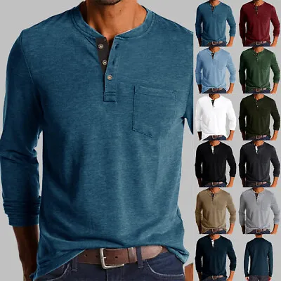 Mens Casual Long Sleeve T-shirt Henley Grandad V Neck Button Solid Tee Shirt Top • $23.49