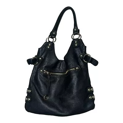 Linea Pelle Tote Bag Black Pebbled Leather Gold Tone Hardware Y2K • $78.74