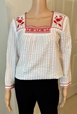 J Crew Embroidered Pleated Long Sleeve Oversize Peasant Top White Red Size XS • $14.95