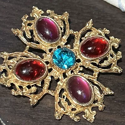 Vintage Colorful Acrylic Gripoix Style Oval Stones Maltese Cross Red Purple • $28
