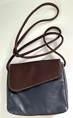 Vintage Vera Pelle Mini CrossBody Bag Navy & Brown Leather Flap & Zipper Pocket • $11.99