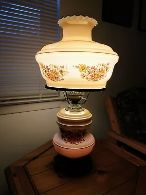 Vintage L & L WMC 1971 Hurricane Or Parlor Table Lamp. Brown Floral Pattern  • $75